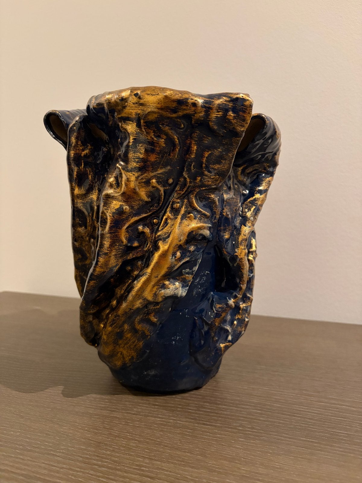 Unieke Japanse handgemaakte Keramieken Vaas - Blauw/Goud, Ophalen