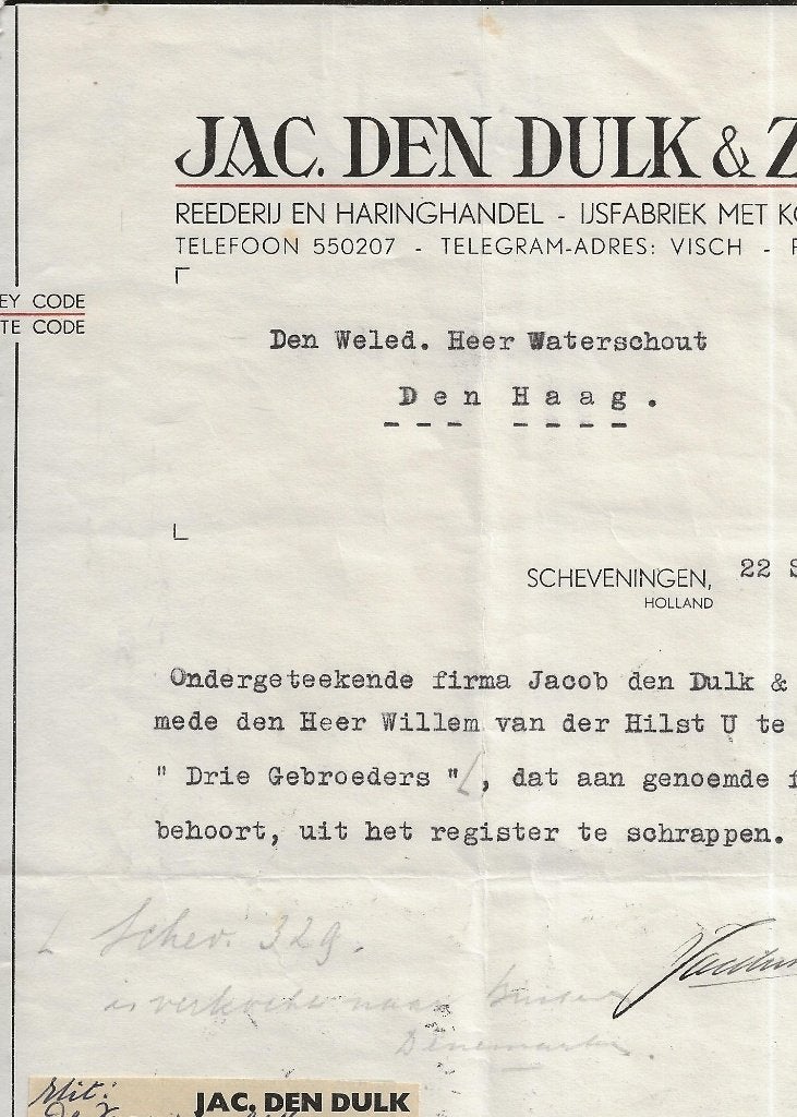 Scheveningen Jac Den Dulk Rederij Schrappen Sch 329 22-9-37, Ophalen of Verzenden, 1920 tot 1940, Gelopen, Zuid-Holland