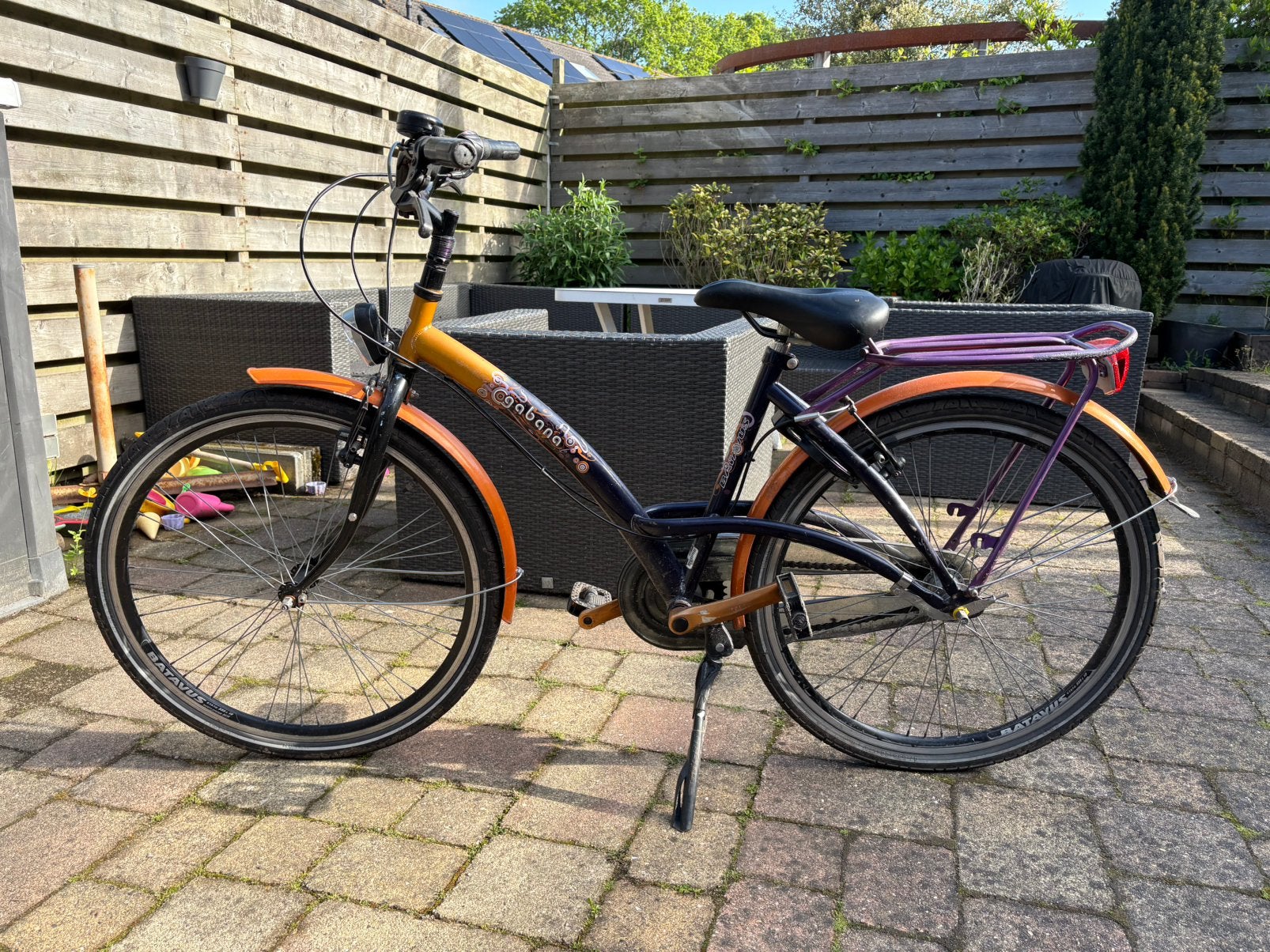 Batavus Gabana 26 inch meisjesfiets paars/oranje, Gebruikt, Versnellingen, Trommelrem, Ophalen
