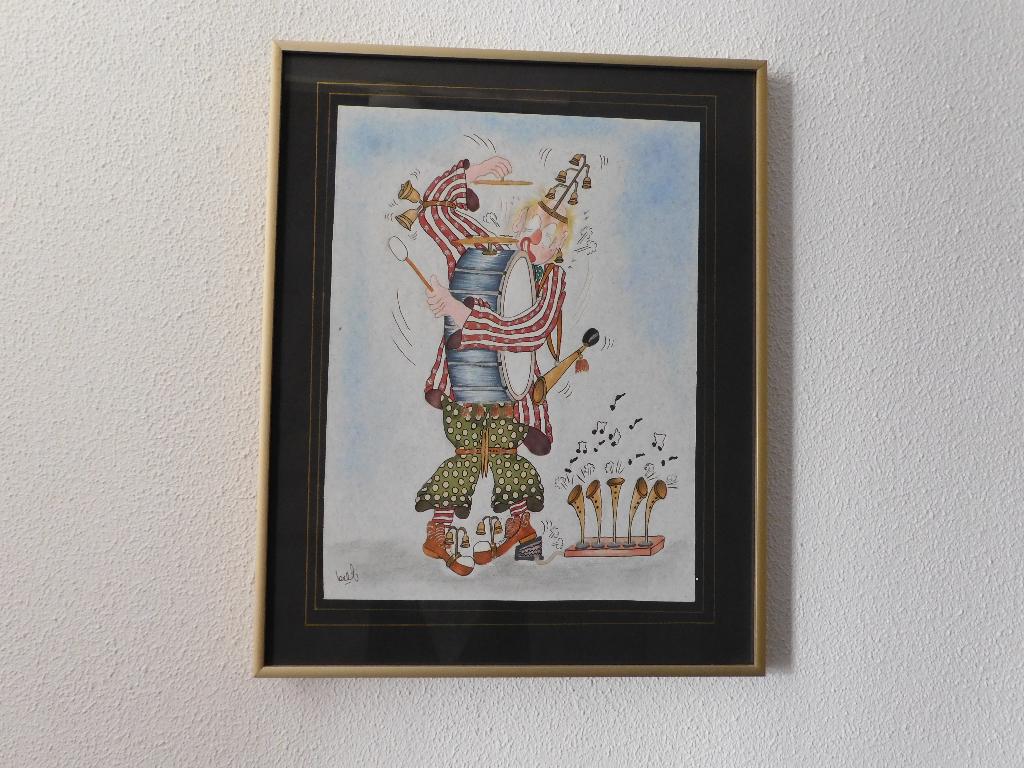 Tekening in Lijst 51x41 cm. Muziek Clown Bert v.d. Wiel, Antiek en Kunst, Ophalen of Verzenden