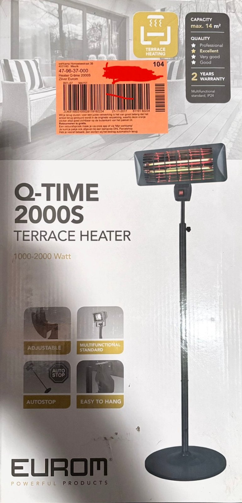 Terrasverwarmer Terraskachel elektrisch, Tuin en Terras, Draaibaar, Zo goed als nieuw, Wand, Ophalen