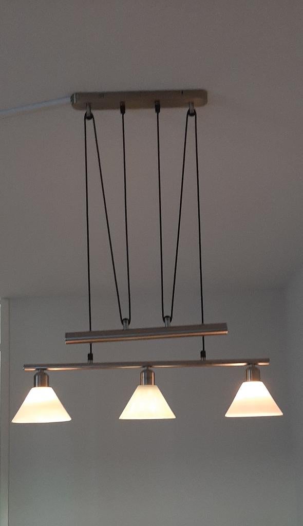 Flexibele Eettafellamp Trio-Leuchten RVS 3 lichts E14, Ophalen, 50 tot 75 cm, Zo goed als nieuw, Glas