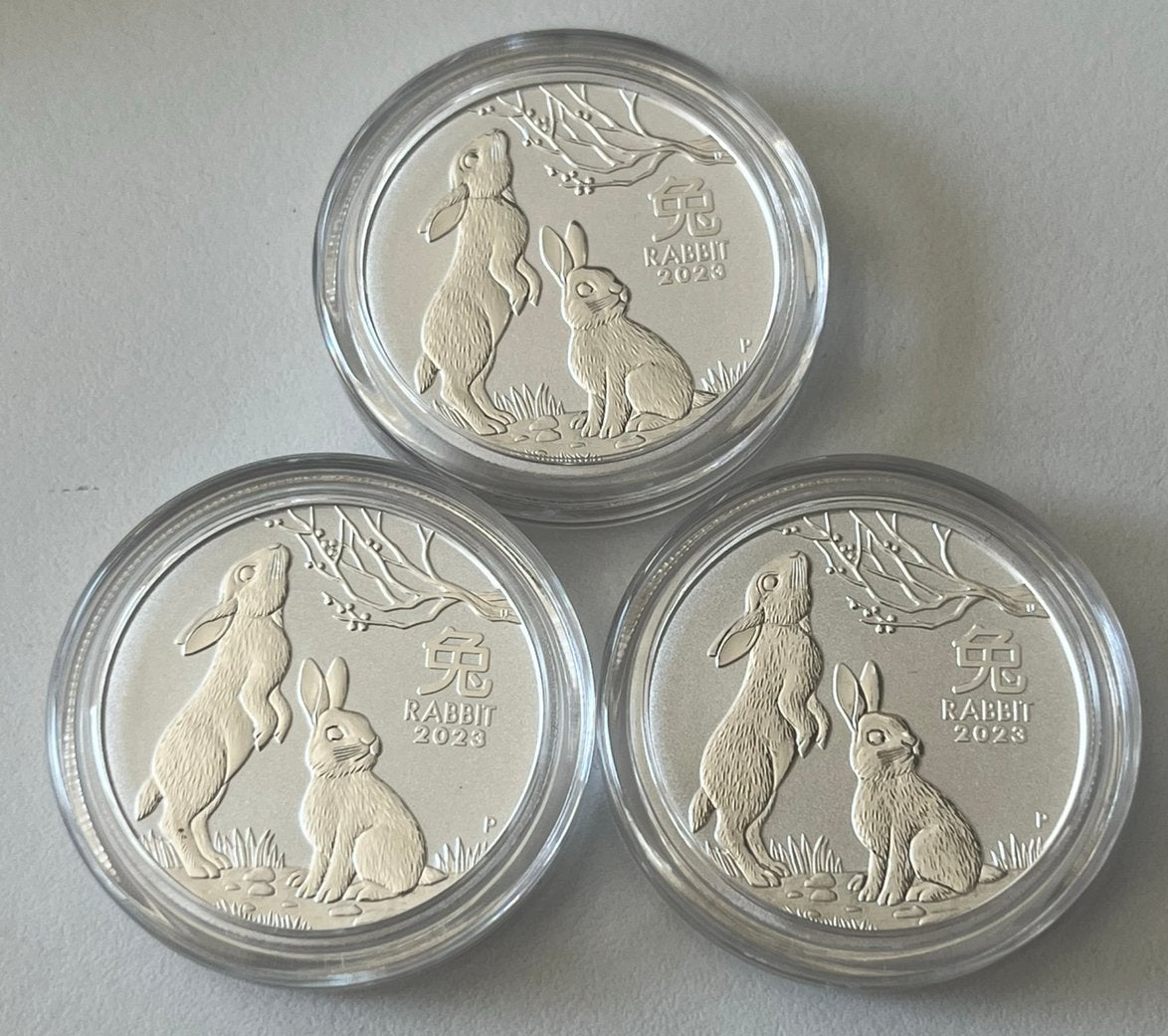 3 zilveren munten 1/2oz Lunar serie III konijn 2023 rabbit, Zilver, Overige landen, Losse munt, Overige waardes