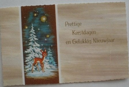 Oude Kerstkaart met hertje, Verzamelen, Ophalen of Verzenden, 1960 tot 1980, Gelopen, Feest(dag)