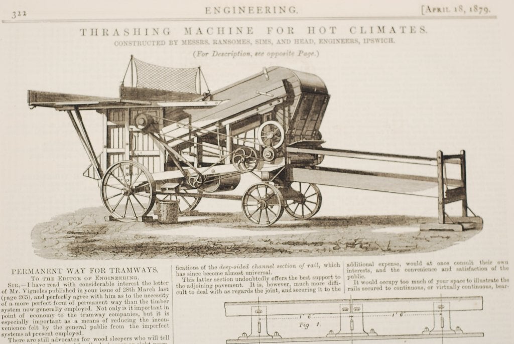 Antieke prent: Dorsmachine voor warme klimaten (1879), Verzenden, Zo goed als nieuw, Voor 1940, Prent