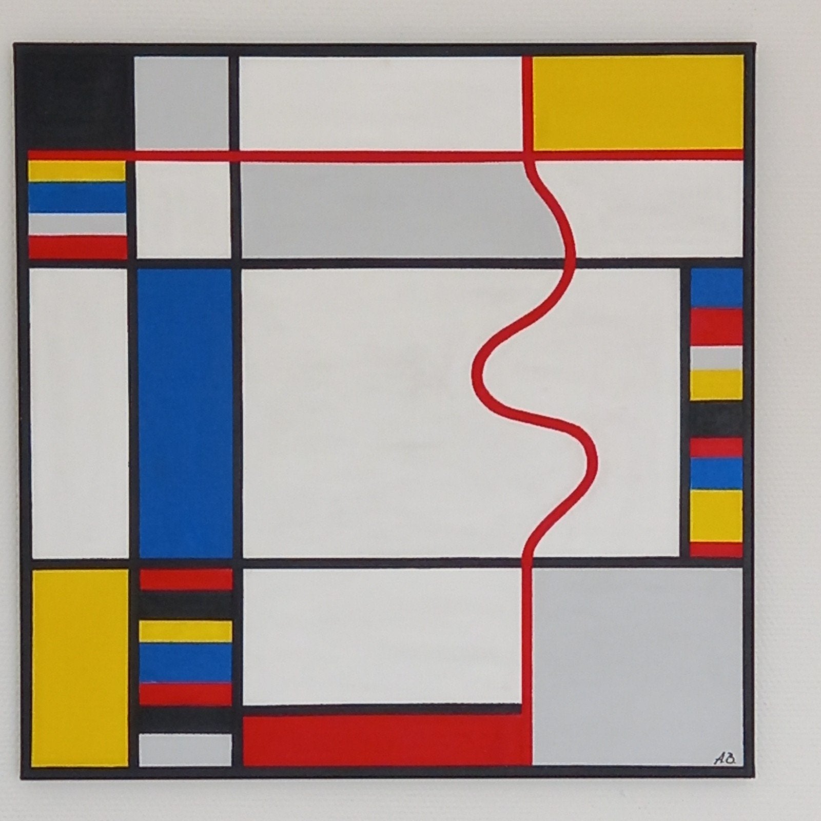 Uniek Mondriaan-stijl schilderij met twist - Acryl op canvas, Antiek en Kunst, Ophalen of Verzenden