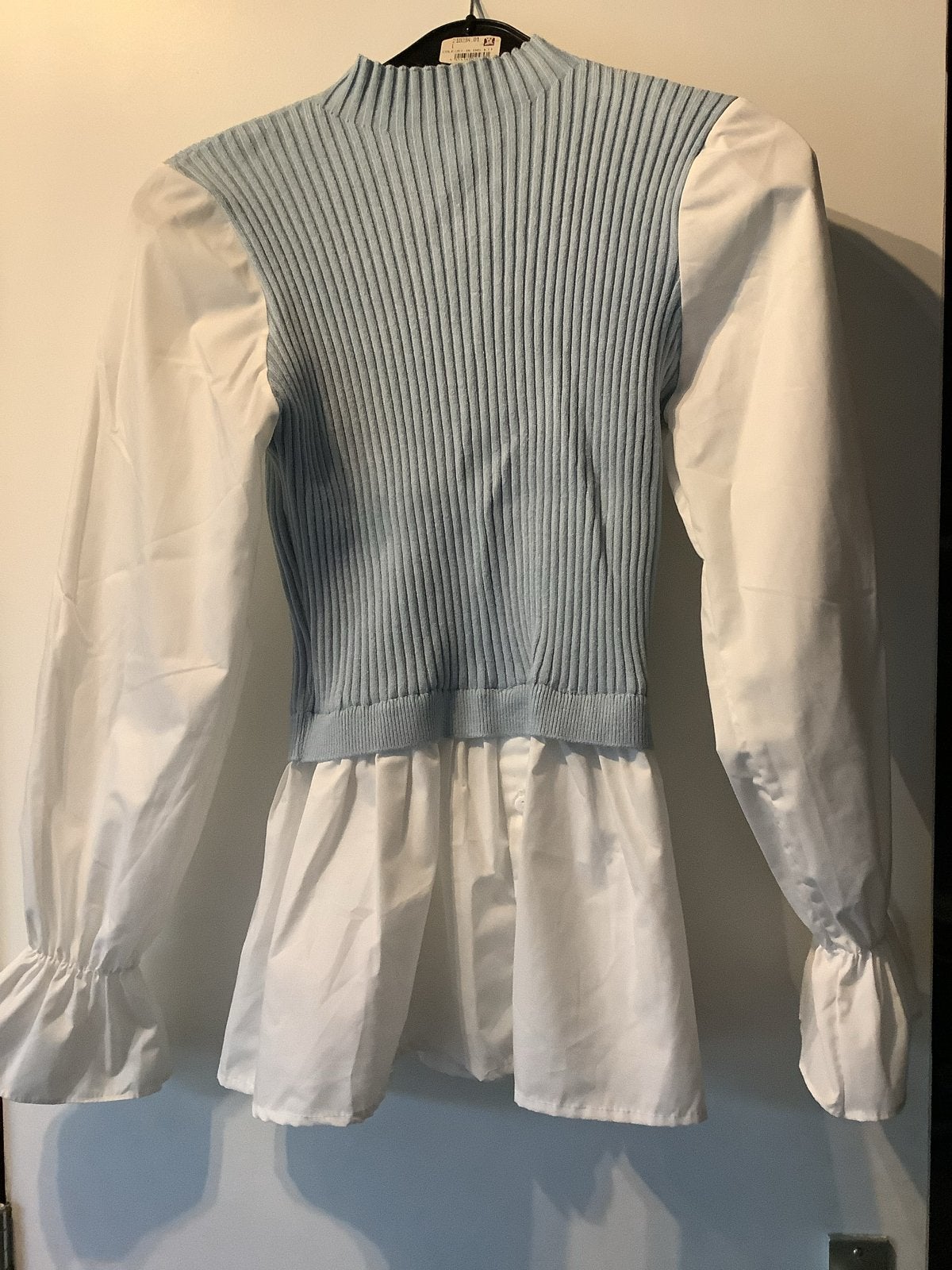 Stijlvolle blouse  met lange mouwen en gebreide spencer, Blauw, Ophalen of Verzenden, Zo goed als nieuw, Lange mouw