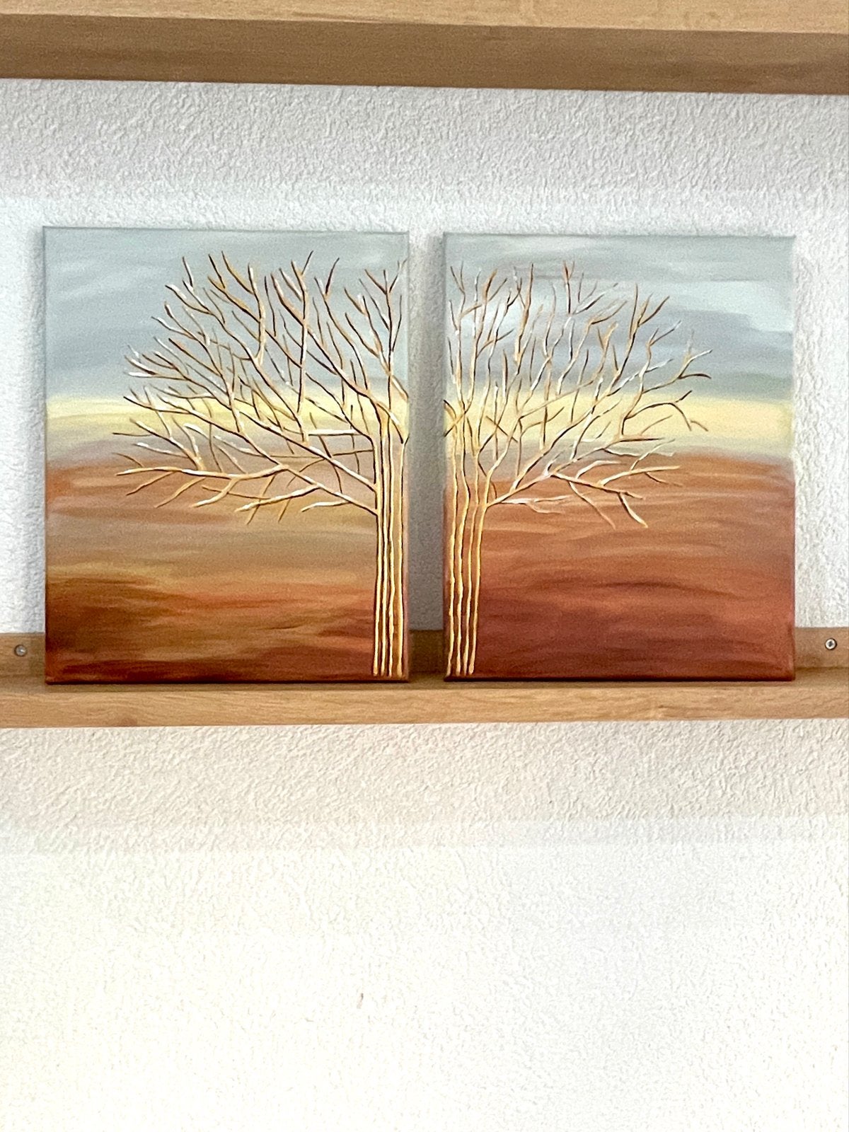 Gouden Herfst Dageraad: Set van 2 Acryl Schilderijen, Acrylverf, Realistisch, Doek, Verzenden