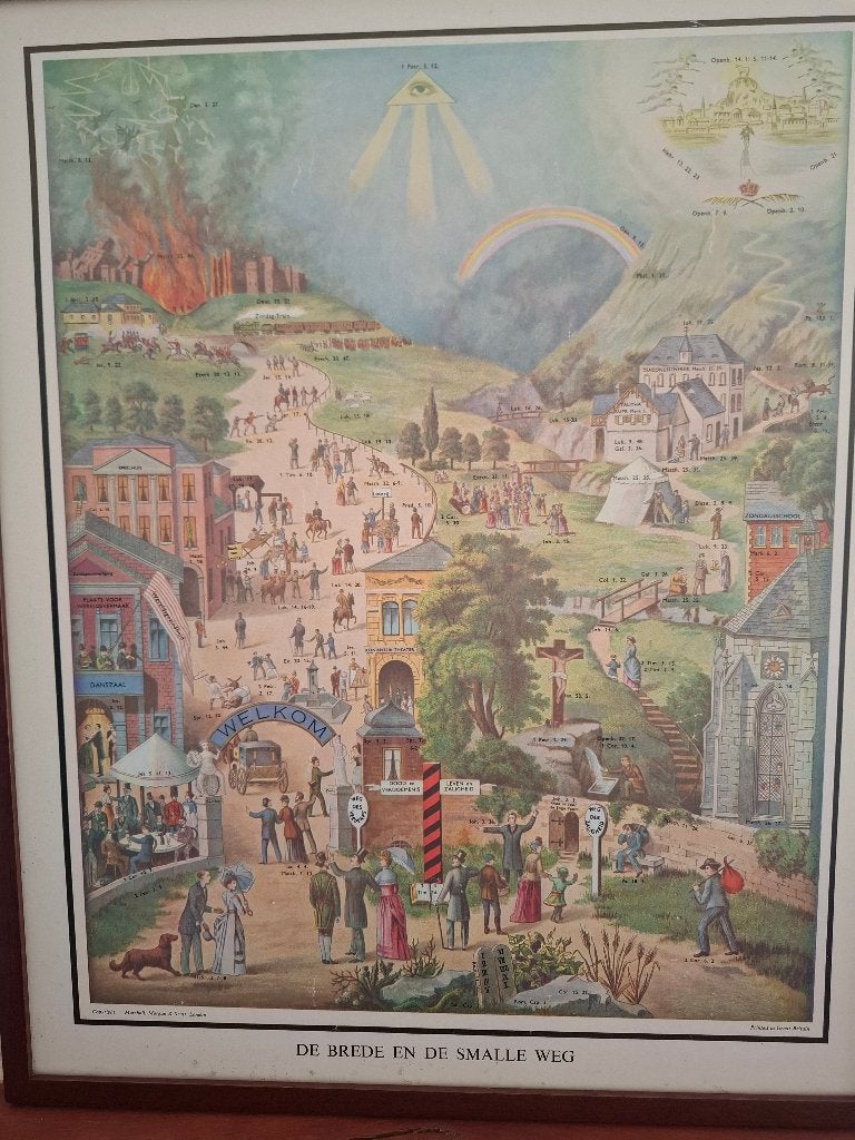 Litho van "De Brede en Smalle Weg", Antiek en Kunst, Ophalen, Ingelijst, 58 cm, Religie