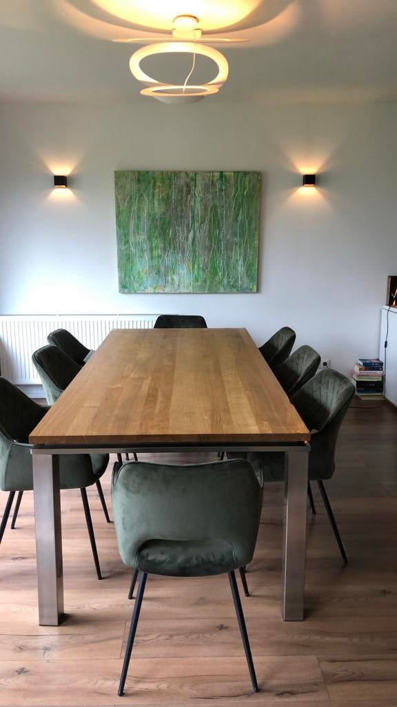 Design Eettafel Hout met RVS Onderstel - 220x100 cm, Huis en Inrichting, Tafels | Eettafels, 100 tot 150 cm, 200 cm of meer, Vijf personen of meer