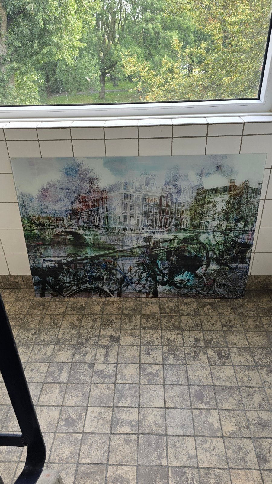 Grote  glasplaat   met de  Amsterdamse gracht met fietsen, Ophalen, Zo goed als nieuw, Schilderij, 100 tot 125 cm