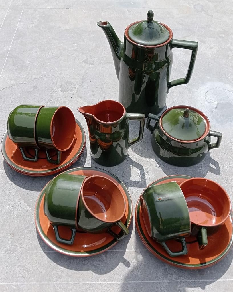 Zeer oud groen met terracotta koffie servies, begin 20e eeuw, Ophalen of Verzenden