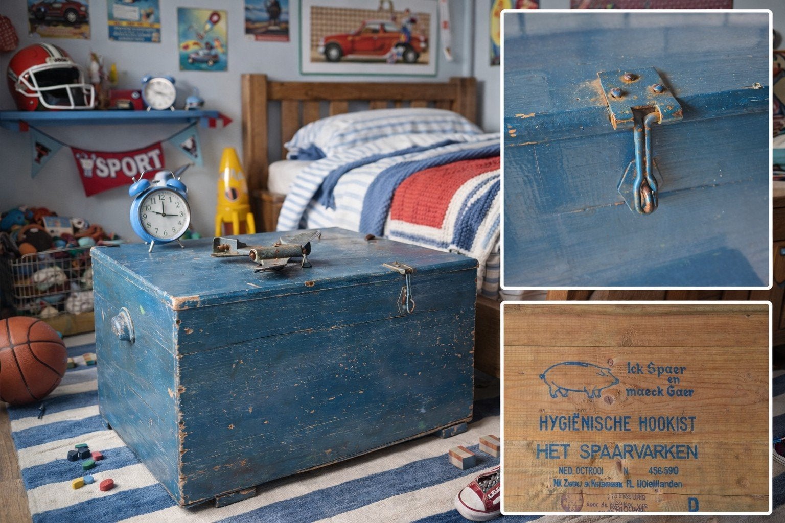 vintage industrieele houten kist blauw speelgoedkist, Ophalen of Verzenden, 50 tot 100 cm, Minder dan 50 cm