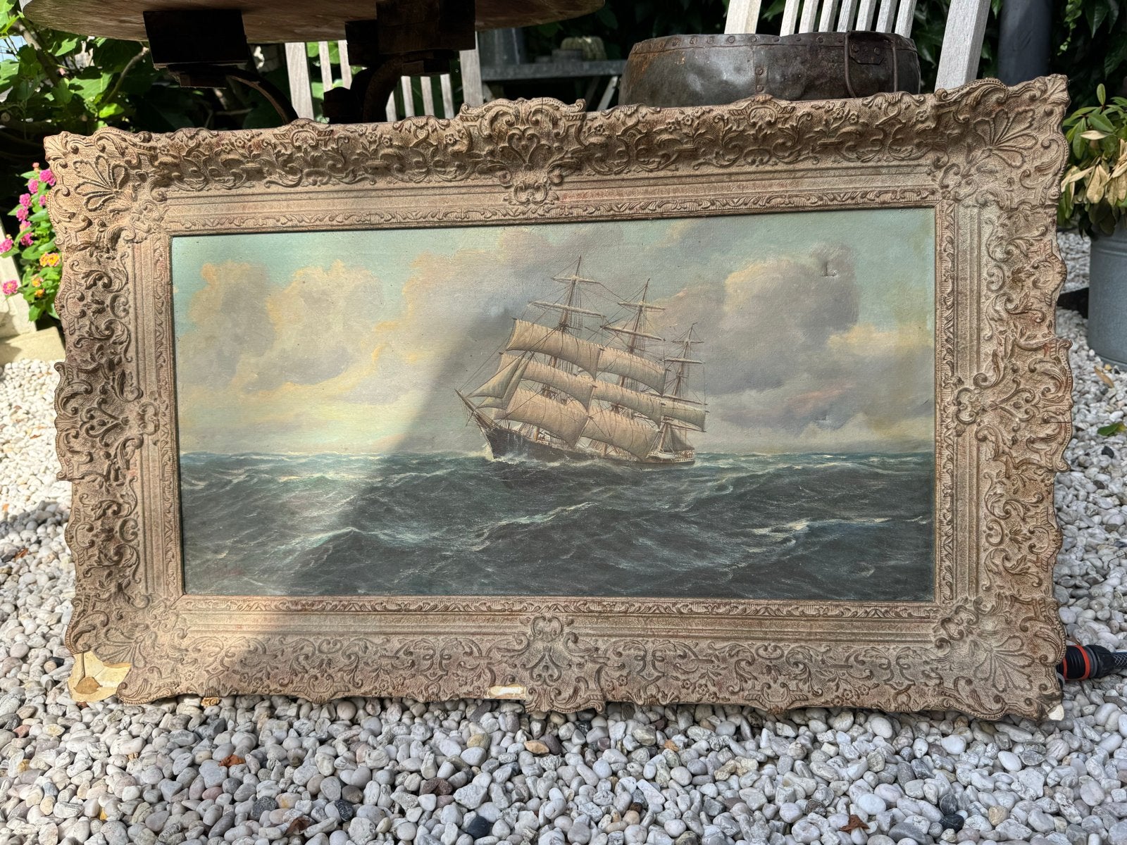 Antiek Schilderij: Zeilschip op woelige zee (100x60cm), Maritiem / water, Doek, Ophalen of Verzenden, Olieverf