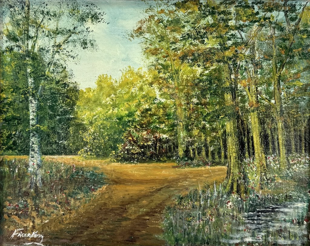 1128. Olieverfschilderij - boslandschap, 20e eeuw, Antiek en Kunst, Ophalen