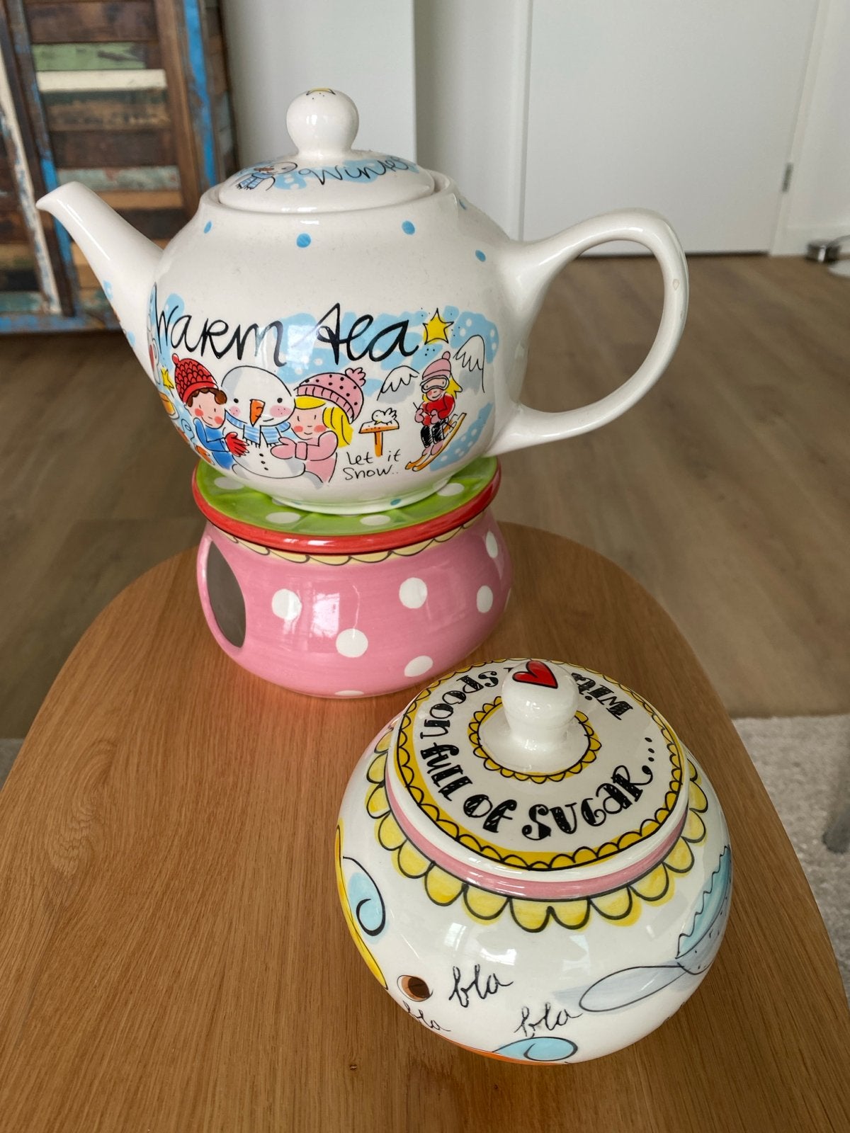 Leuke theepot met theelicht en suikerpot - Kerst/Winter, Overige typen, Nieuw, Steen/keramiek, Meerkleurig