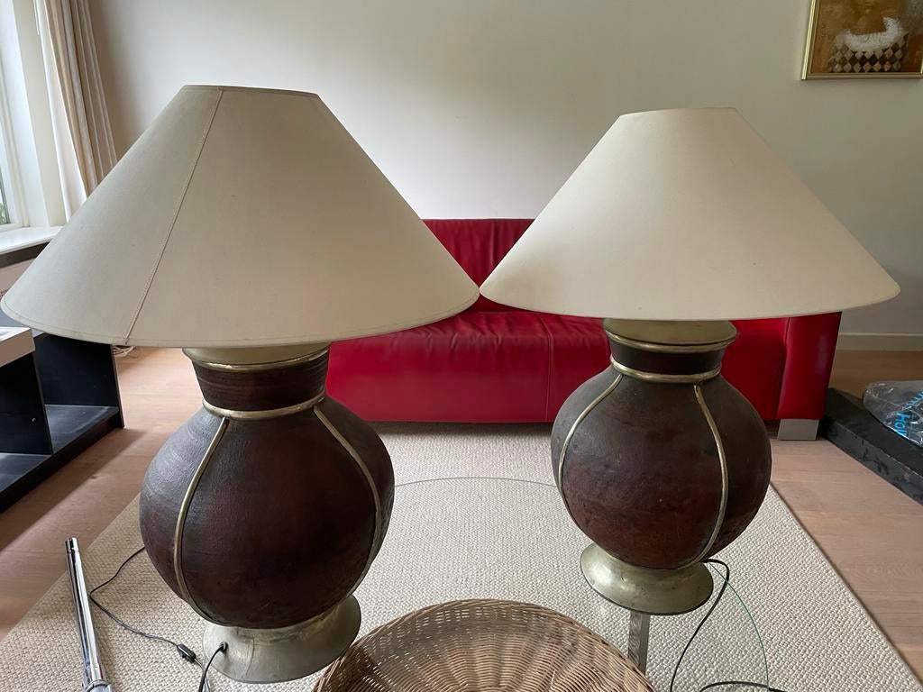 Set van 2 Grote Schemerlampen - Donkerbruin & Crème, Ophalen, Zo goed als nieuw
