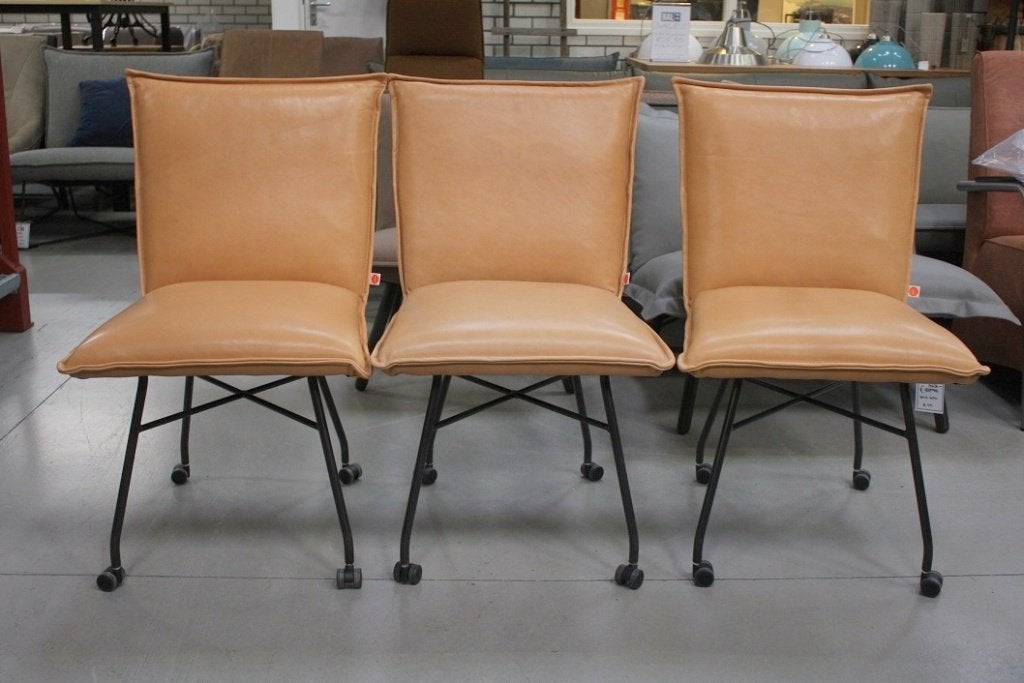 4x luxe eetkamerstoel Sanne Jess Design leer met wieltjes, Ophalen, Bruin, Zo goed als nieuw, Vier
