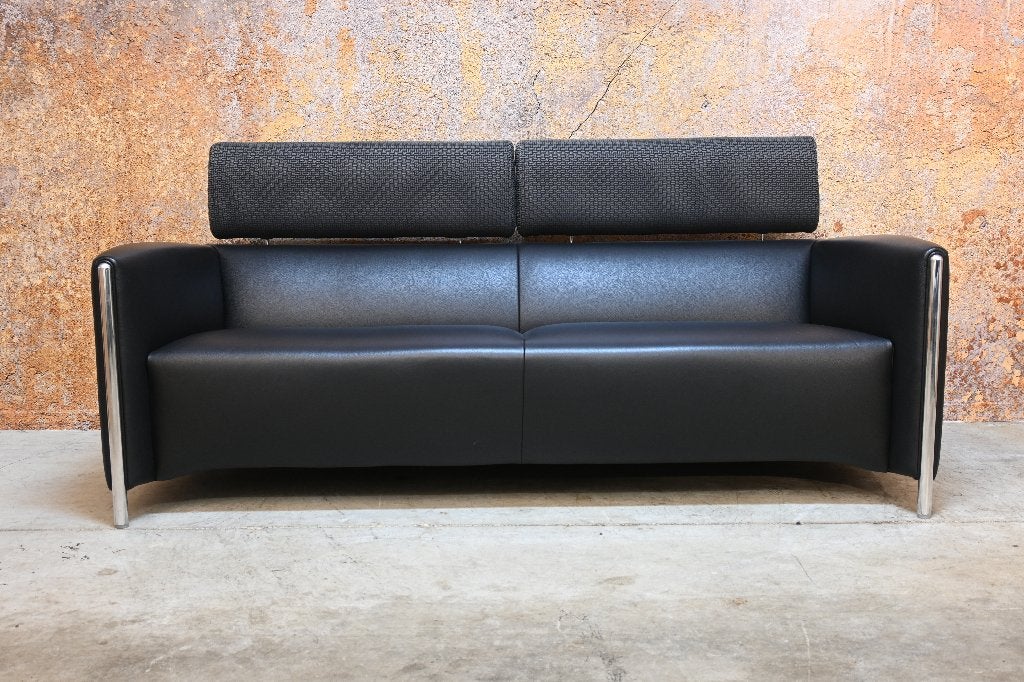 ZGANieuw zwarte leren Leolux Goncharov design bank, Leolux, Leolux, Driepersoons, 75 tot 100 cm