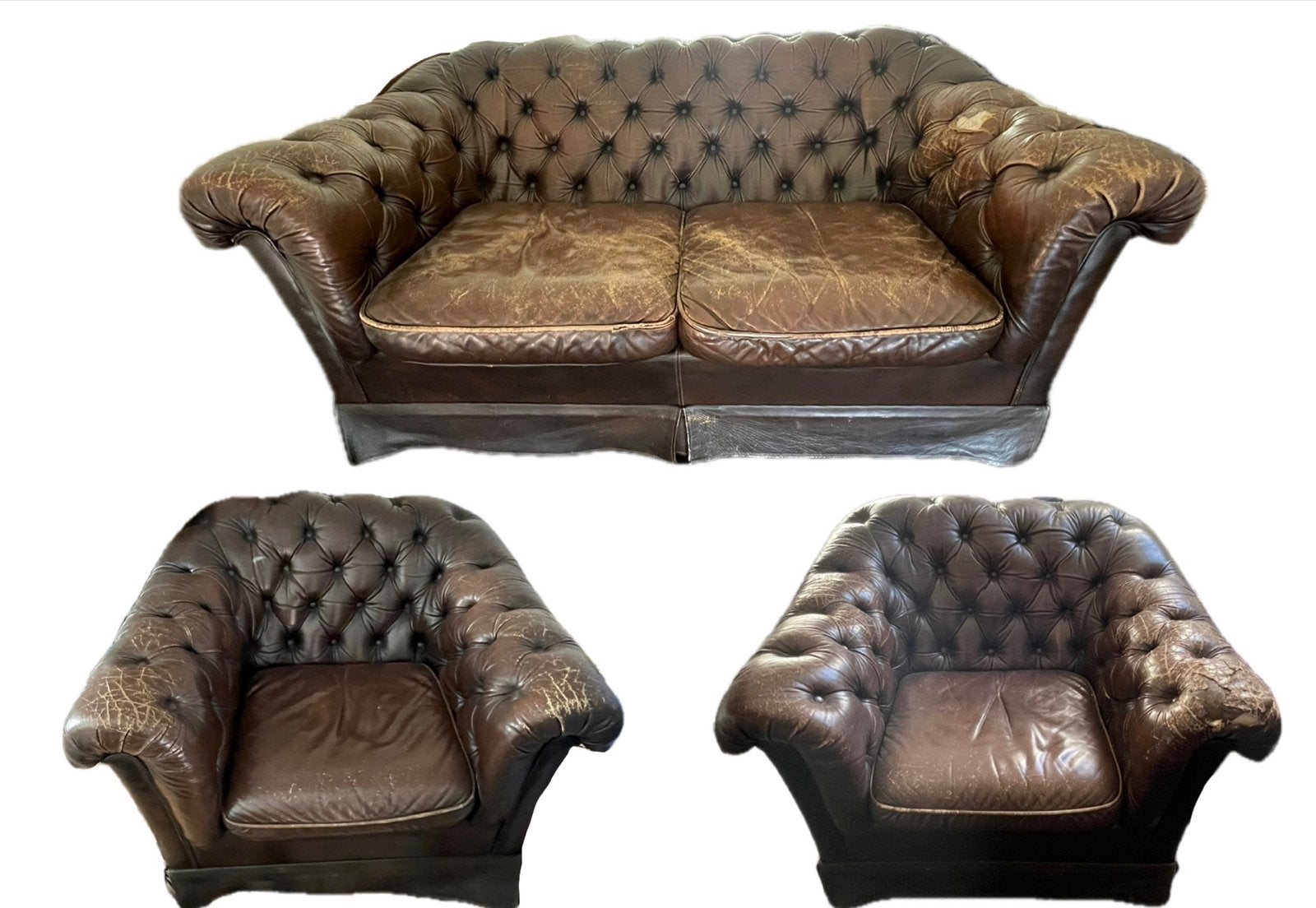 Chesterfield bank en fauteuils - Leer - Gebruikt, Gebruikt, 150 tot 200 cm, Tweepersoons, Ophalen of Verzenden