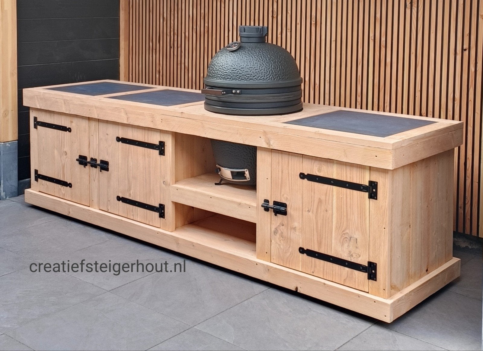 Verrijdbare douglashouten buitenkeuken kamado BGE bastard ei, Verzenden, Nieuw, Houtskool, Inbouw