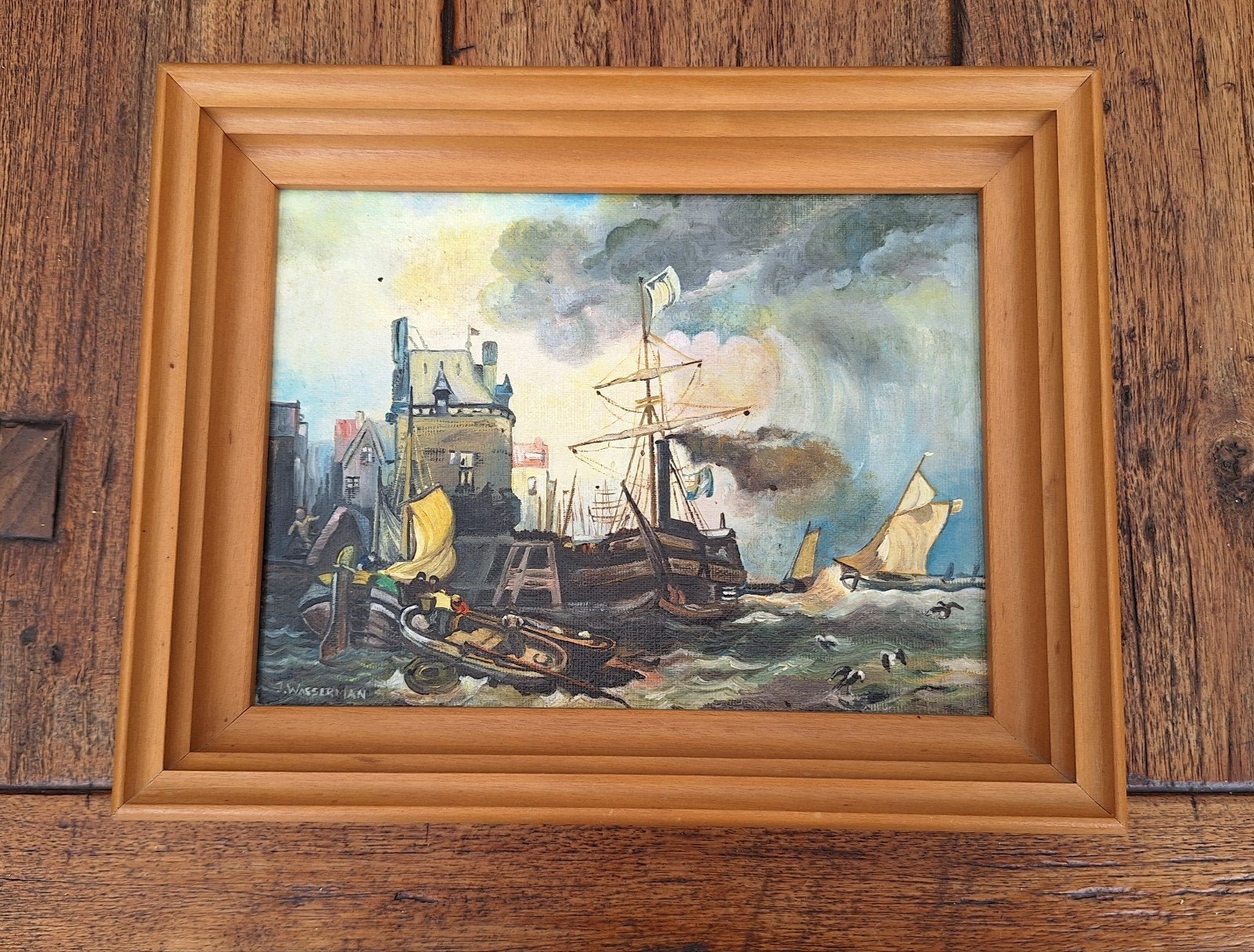 Olieverf schilderij van een tweemaster bij storm, Ophalen of Verzenden