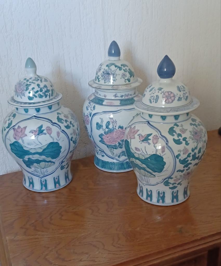 Set van 3 Chinese gemberpotten met bloemmotief, Ophalen