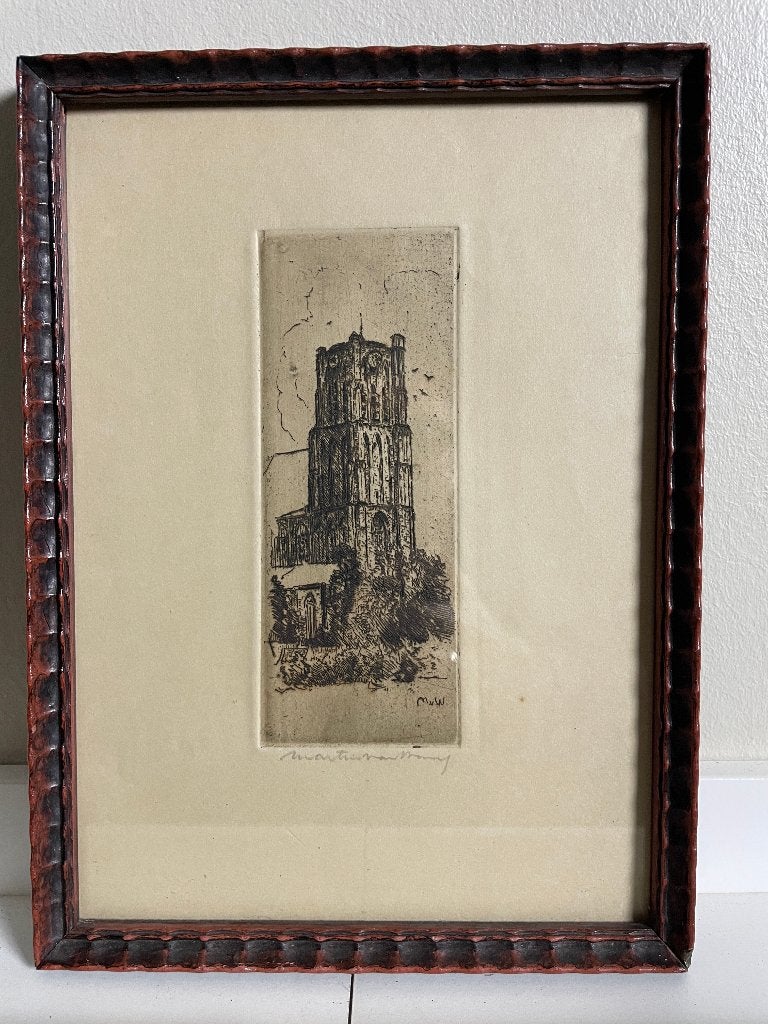Brielle, kerktoren - ets van Martin van Waning (1889-1972), Ingelijst, Ets, Stadsgezicht, Ophalen of Verzenden