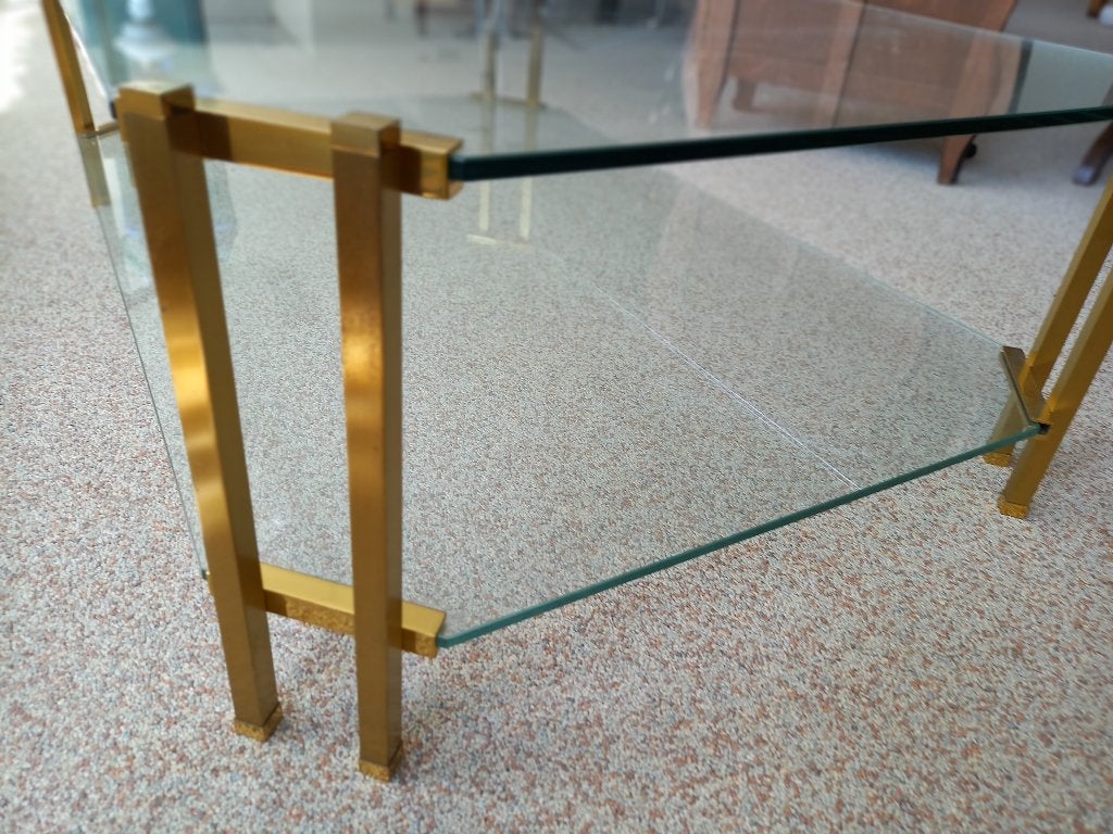 Te koop mooie glazen salontafel met koper, Ophalen, 100 tot 150 cm, 50 tot 100 cm, Zo goed als nieuw