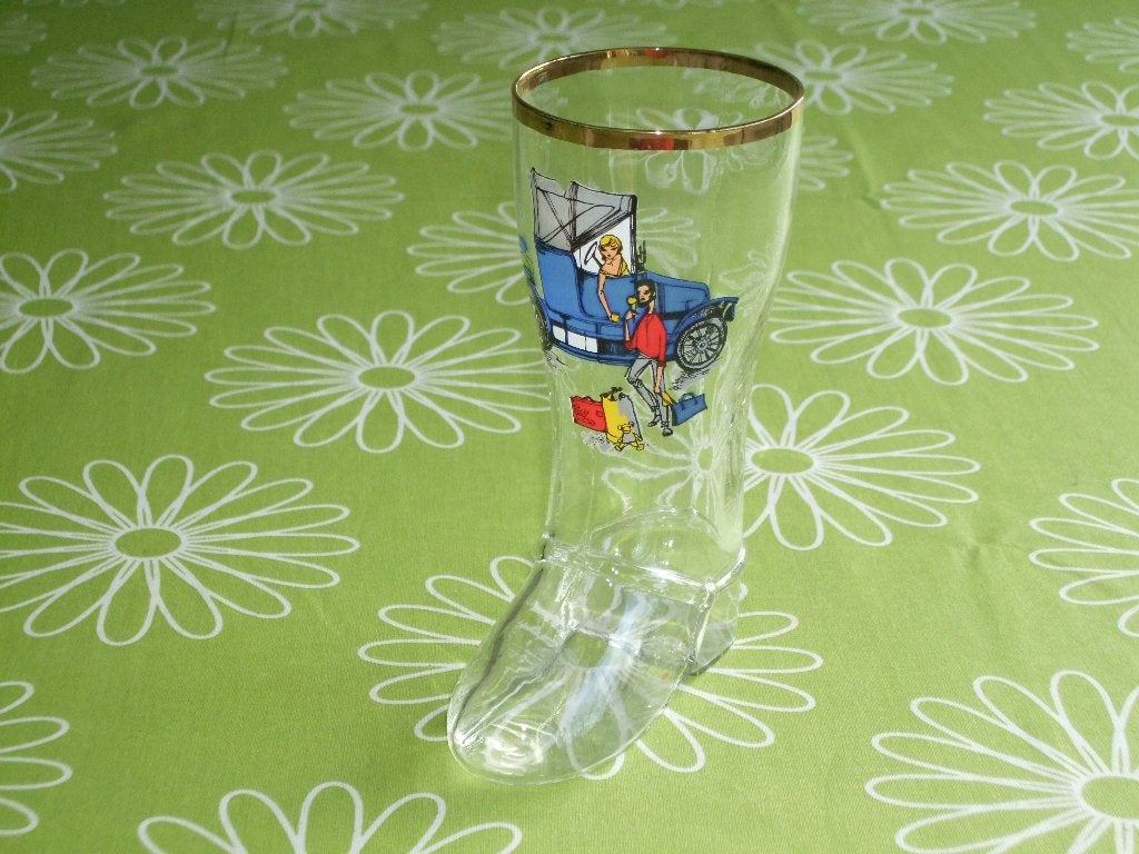 Vintage bierlaars met oldtimer en goudenkleurige rand, Verzamelen, Ophalen of Verzenden, Zo goed als nieuw