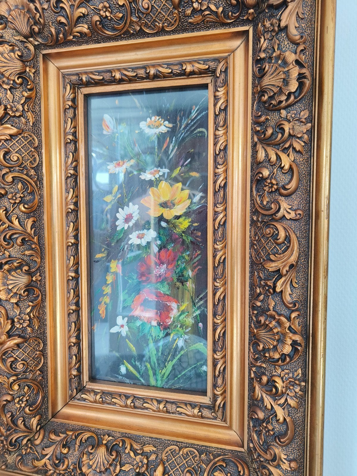 Zwaar schilderij van bloemen welke achter glas zitten, Ophalen, Achter glas, Bloemen