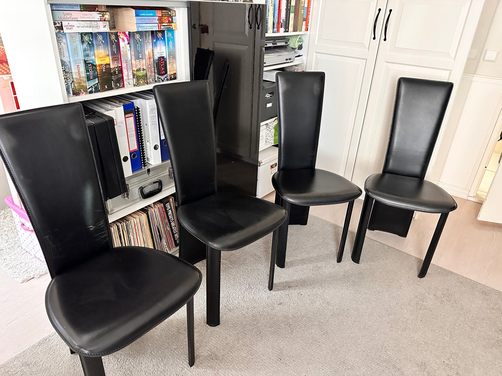 Vier vintage leren stoelen, stijl Pietro Costantini, Ophalen, Gebruikt, Zwart, Leer