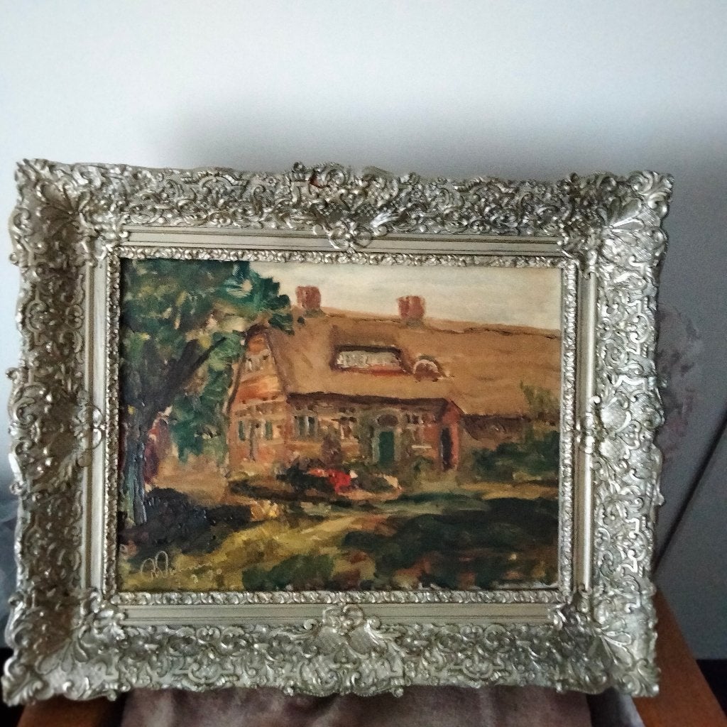Schilderij van boerderij., Doek, Ophalen of Verzenden, Olieverf, Klassiek