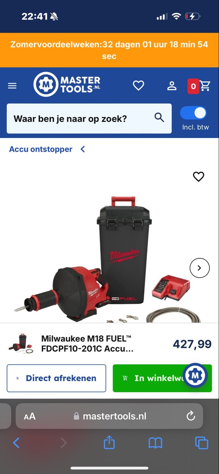 Milwaukee M18 FUEL Accu Ontstoppingsmachine FDCFPF10-201C, Ophalen, -, Nieuw, Milwaukee