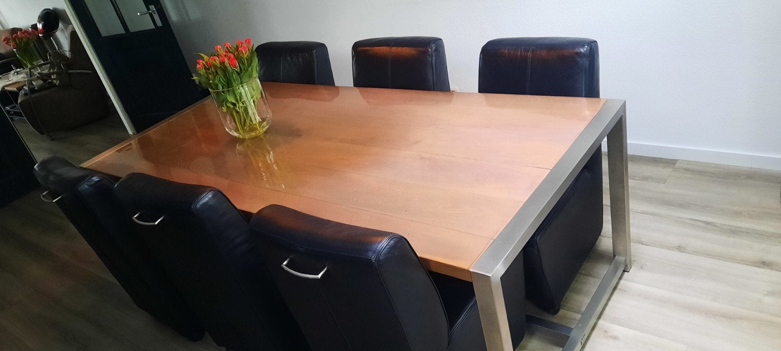 Eetkamertafel 220x100 met rvs frame €125 ,-, Ophalen of Verzenden, Rechthoekig, 200 cm of meer, 50 tot 100 cm