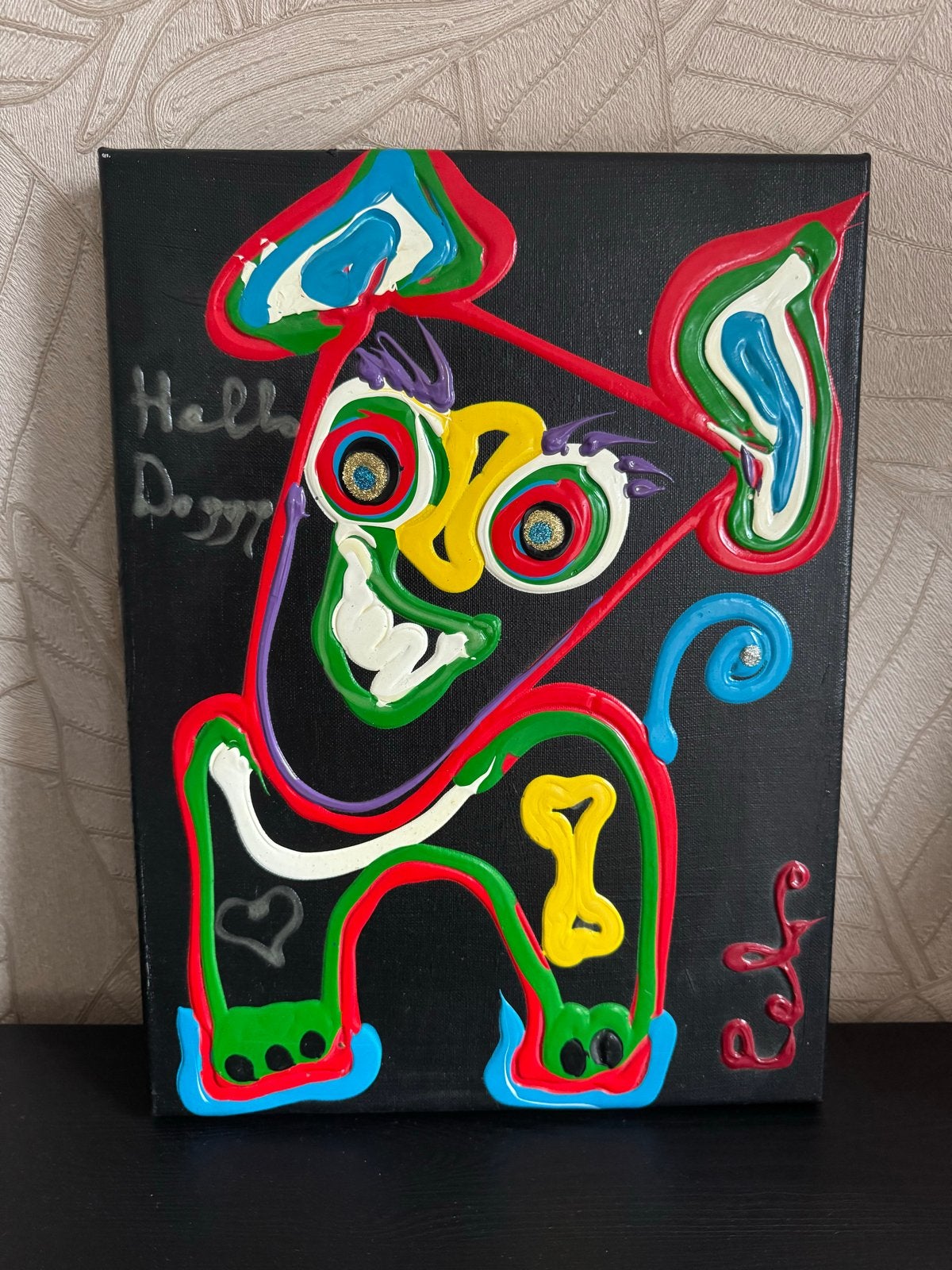 Levendig abstract hondenportret - "Hello Doggy" PEKO, Acrylverf, 3D-effect, Verzenden, Dieren