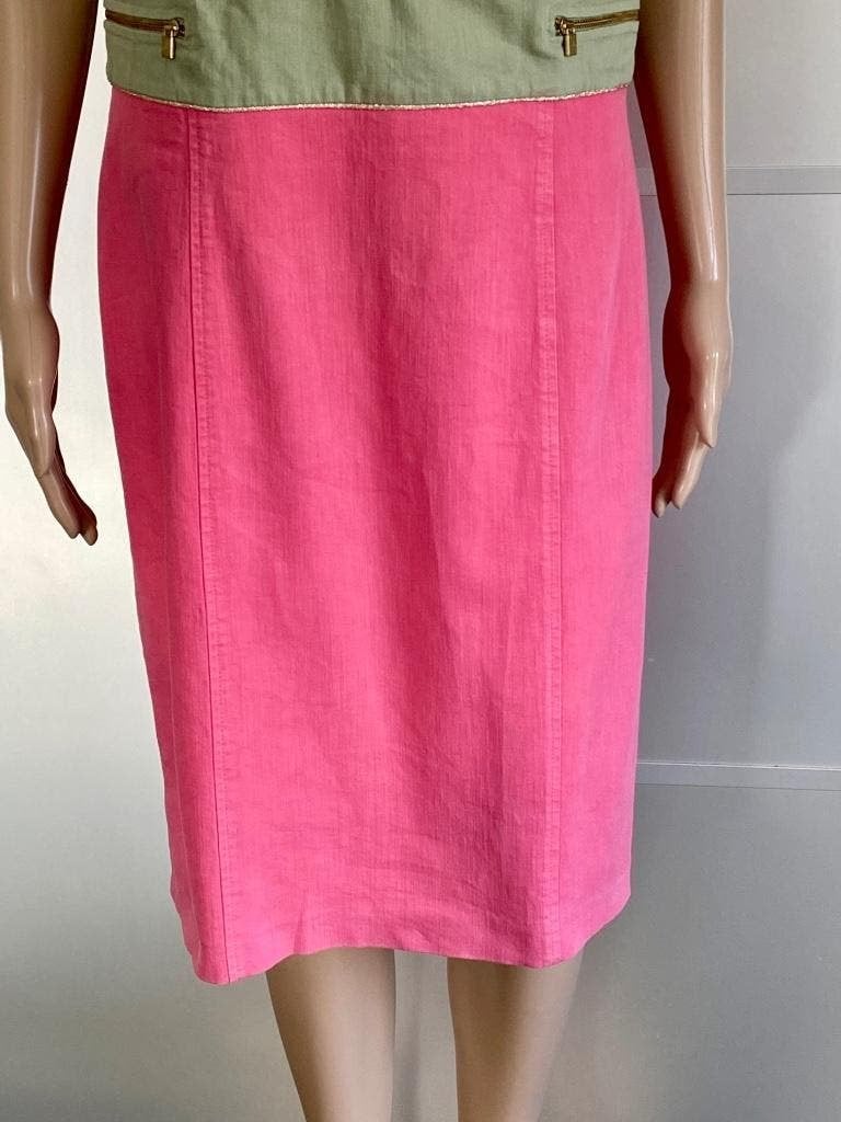 J420 Caroline Biss maat 38=M jurk roze/wit/groen jeans-stof, Maat 38/40 (M), Ophalen of Verzenden, Zo goed als nieuw, Knielengte