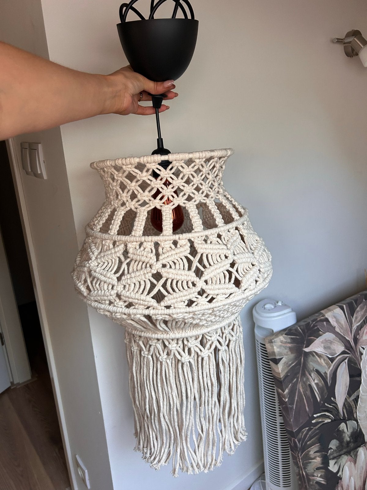 Macramé hanglamp - Boheemse stijl, Ophalen, Zo goed als nieuw, Natuurlijk materiaal, E27 (groot)