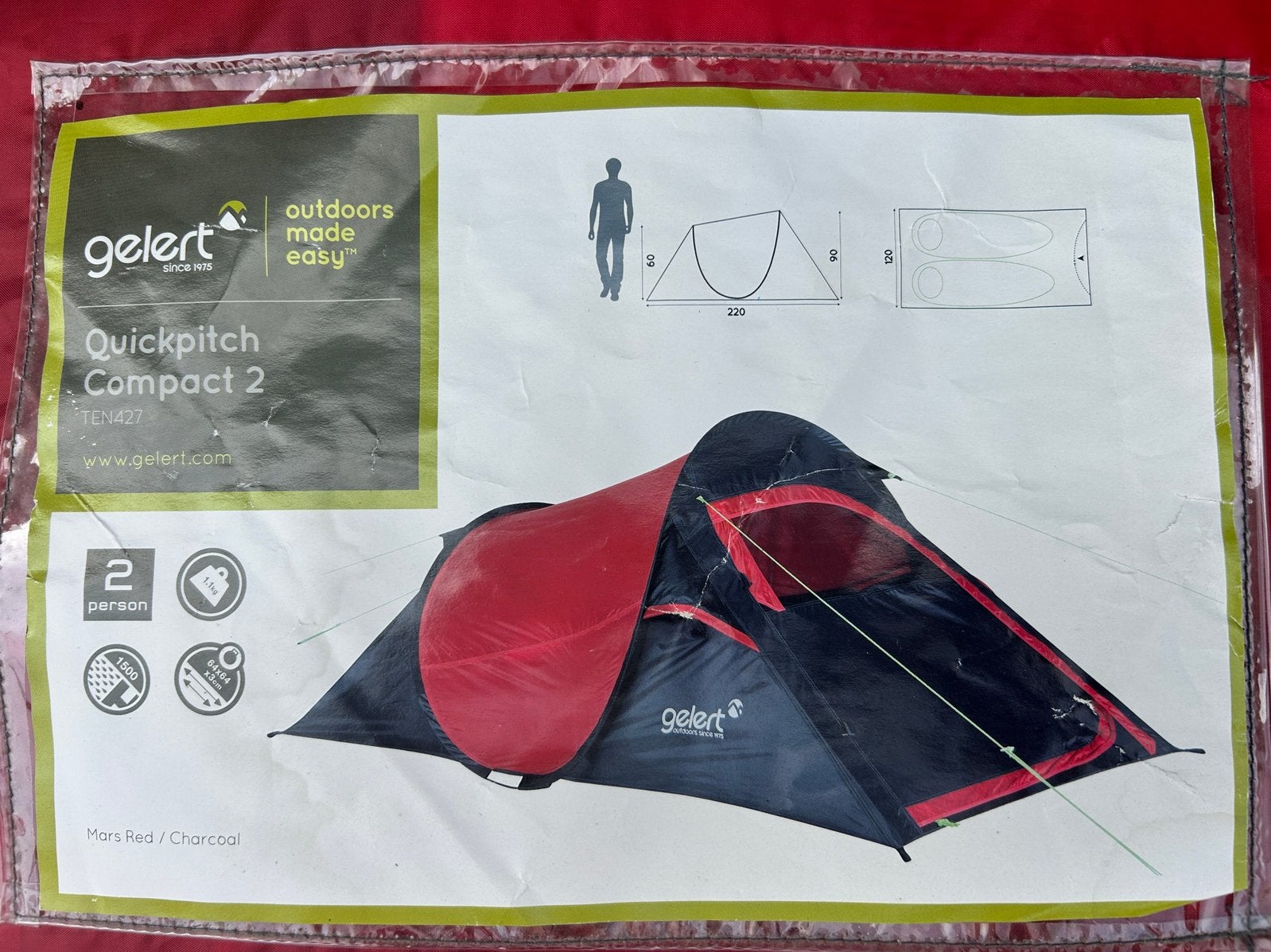 Gelert quickpitch compact 2 tent, snel opzetbaar, 2-persoons, Ophalen of Verzenden, Zo goed als nieuw, Tot en met 2