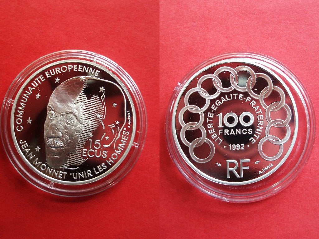 France, 100 francs - 15 ecu, 1992 Jean Monet, Verzenden, Frankrijk, Zilver