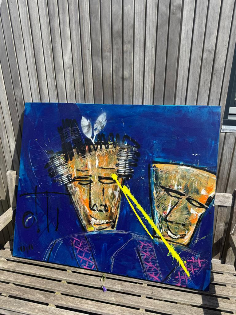OTTi  Schilderij: Twee Gezichten op Blauwe Achtergrond, Antiek en Kunst, Ophalen of Verzenden