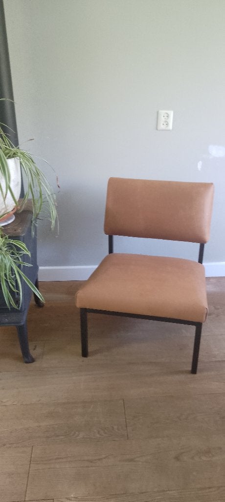 fauteuil design bruin leer, Huis en Inrichting, Fauteuils, Ophalen, Jaren 60, Minder dan 75 cm, Zo goed als nieuw