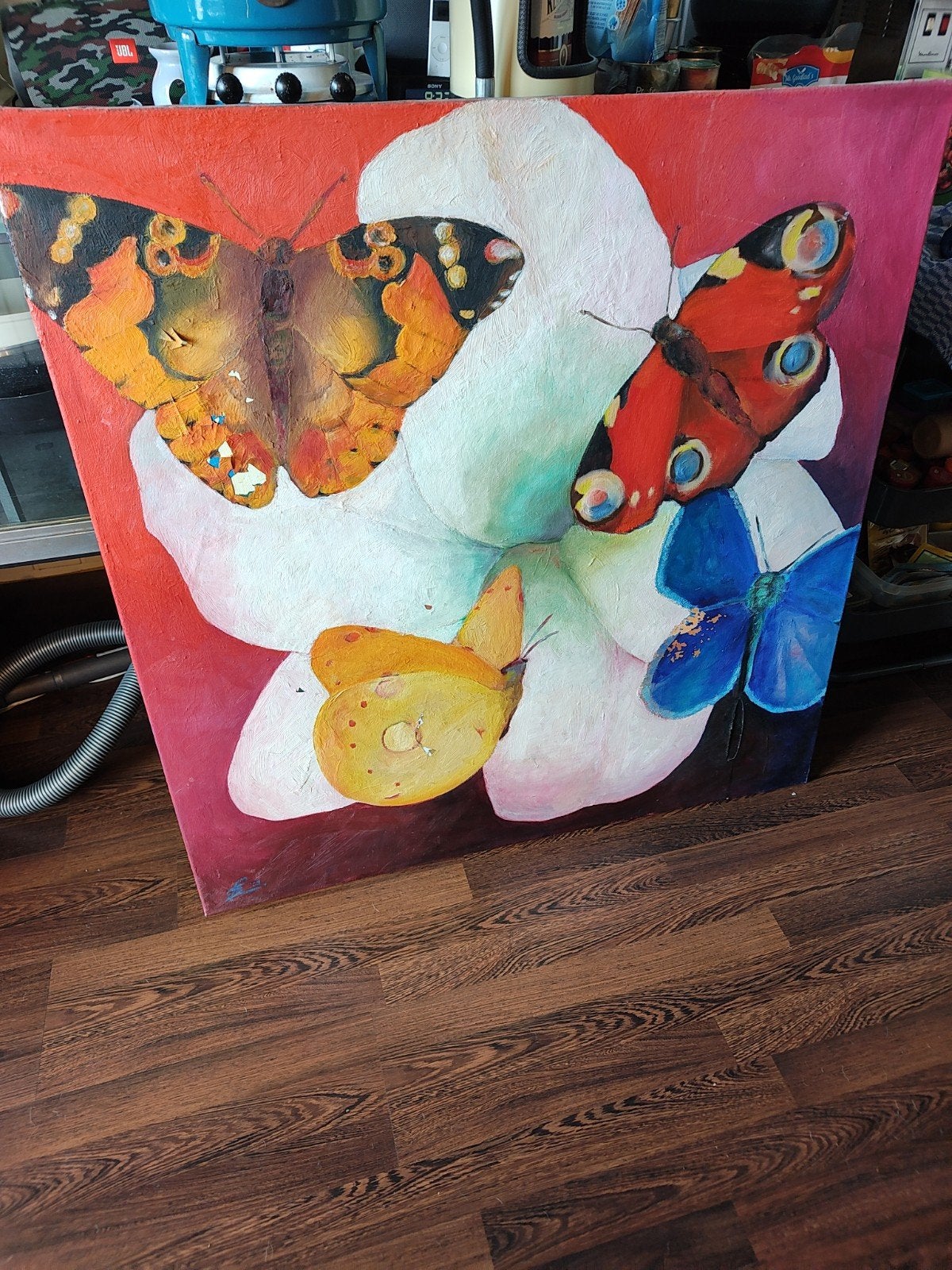 Schilderij met vlinders op bloem - Acrylverf, Ophalen, Acrylverf, Handgeschilderd, Dieren