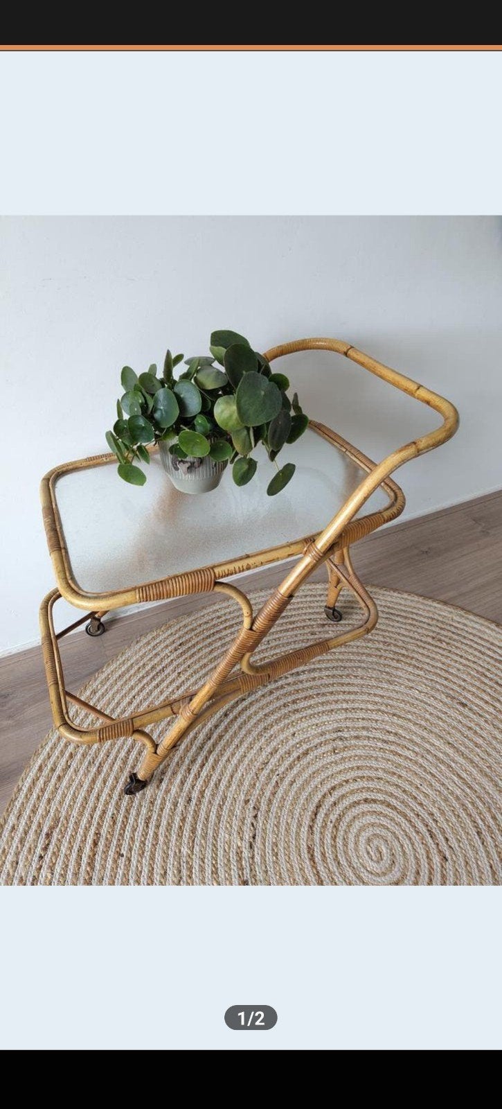 Vintage, Bohemian, rotan Serveerwagen / Bijzettafel met Glas, Ophalen, Overige materialen, Gebruikt, Vintage, Bohemian, Rotan
