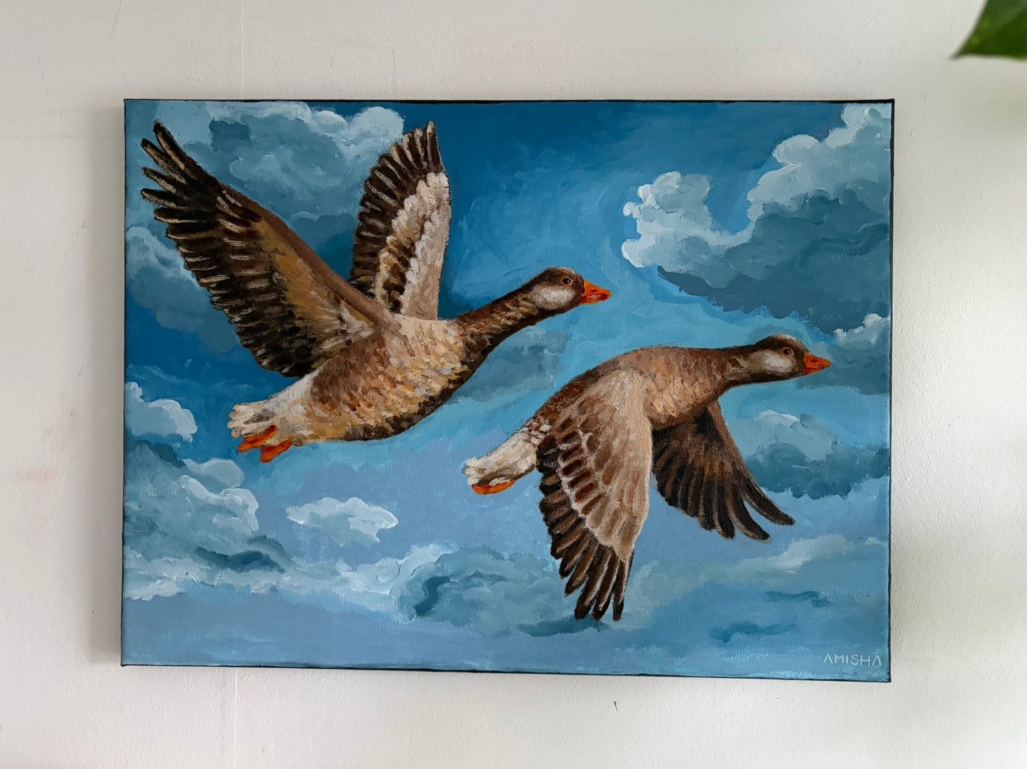 Gesigneerd Ganzen Schilderij, Acrylverf, Doek, Dieren, Ophalen of Verzenden