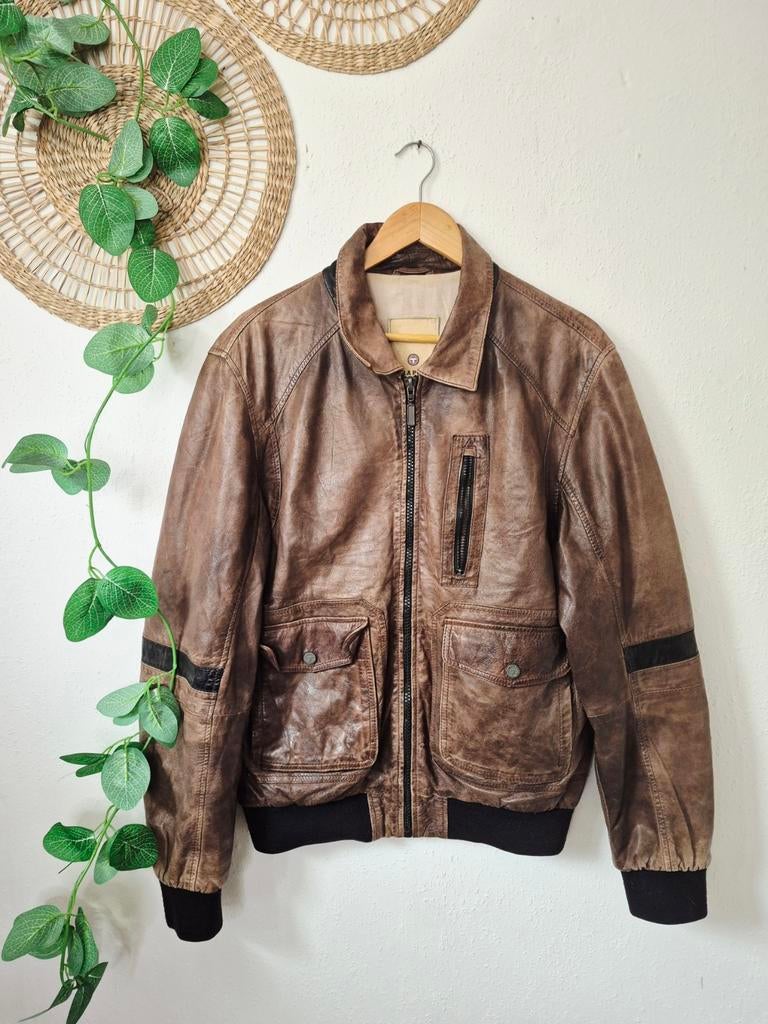 Vintage leren heren Tapper bomberjack M/L, Maat 52/54 (L), Bruin, Tapper, Ophalen of Verzenden