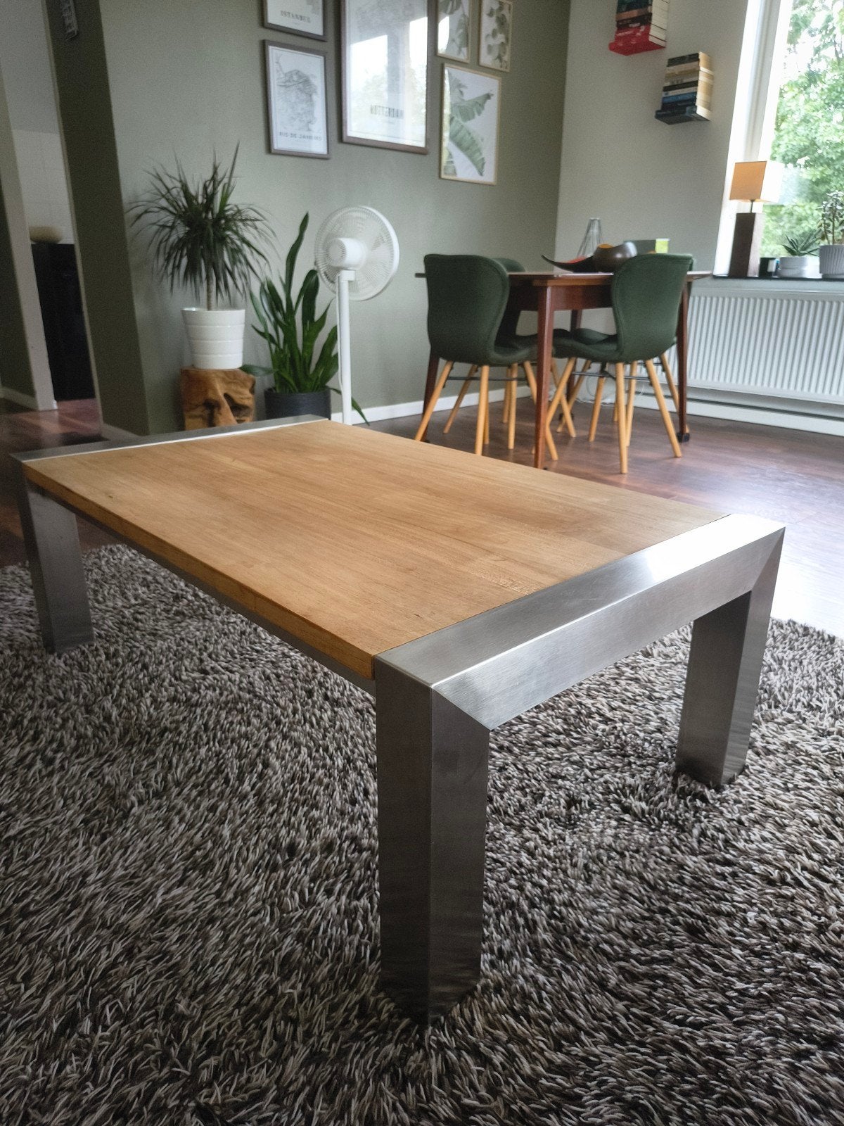 Moderne salontafel – eiken hout met RVS frame, Gebruikt, 100 tot 150 cm, 50 tot 100 cm, Modern industrieel