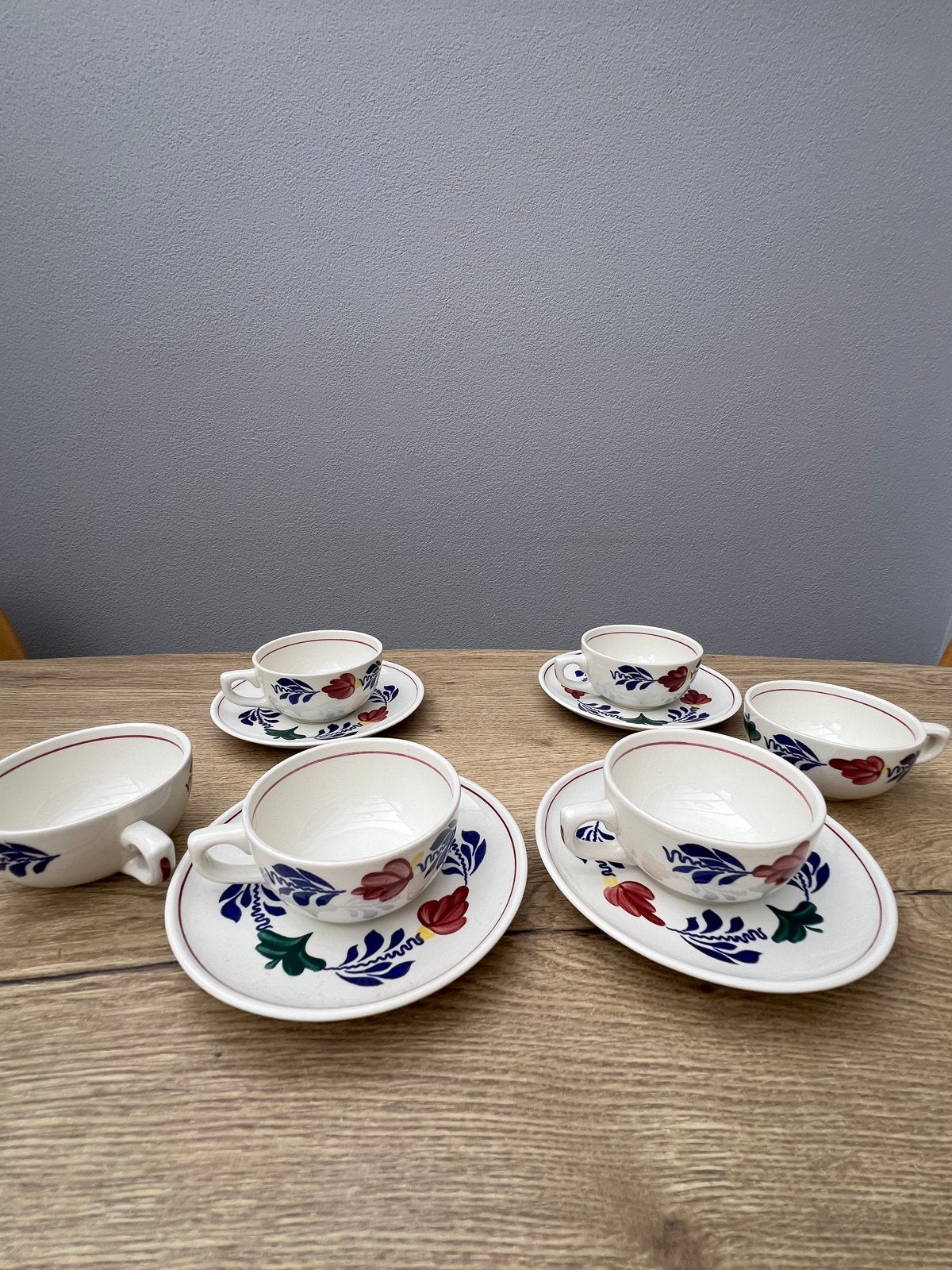 Set van 4 Boerenbont theekopjes met schotels, Ophalen, Zo goed als nieuw, Aardewerk, Kop(pen) en/of Schotel(s)