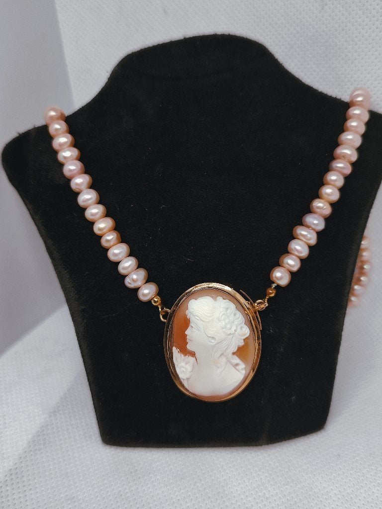 Antieke parels collier met cameo, England ca 1900, Ophalen of Verzenden, Goud, Ketting
