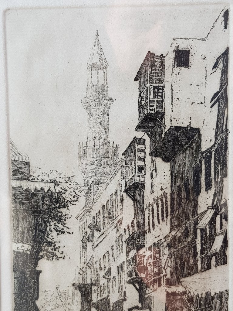 Mooie originele antieke ingelijste ets uit Engeland 37 cm., Gesigneerd, 1800 - 1899, Ets, Stadsgezicht